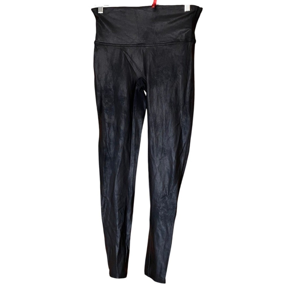 Spanx High Waisted Shiny Black Leggings Large Slimming Compression Minimalist